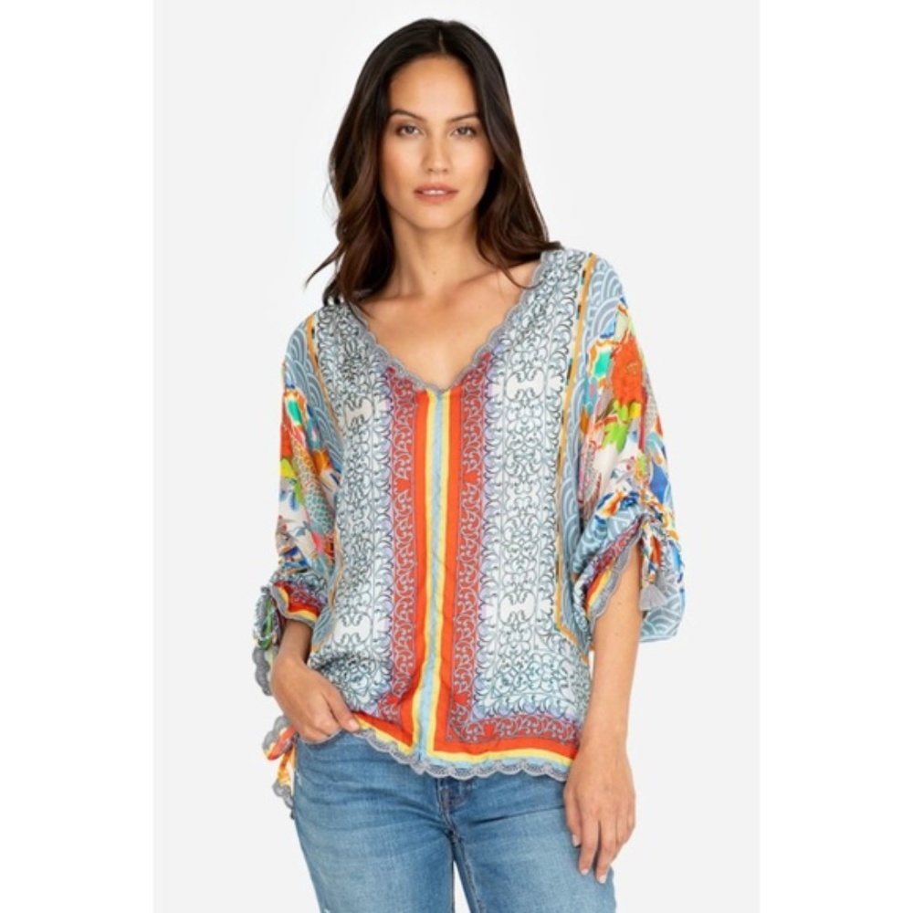 NWT Johnny Was XL Dragon Silk Blouse Tunic Bohemian Tassels $215